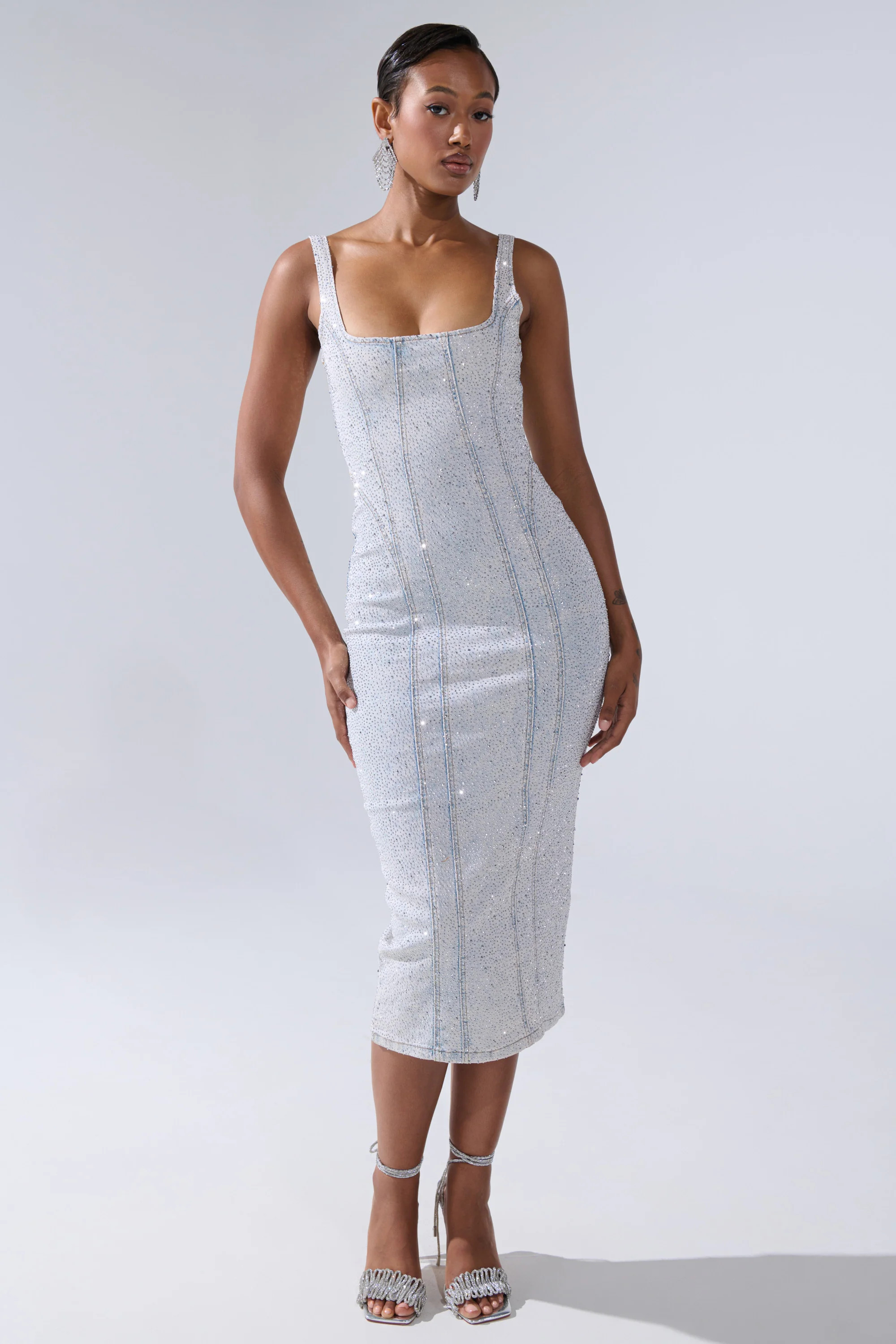 AFTER HOURS RHINESTONE MIDI DRESS IN LIGHT BLUE DENIM | AKIRA