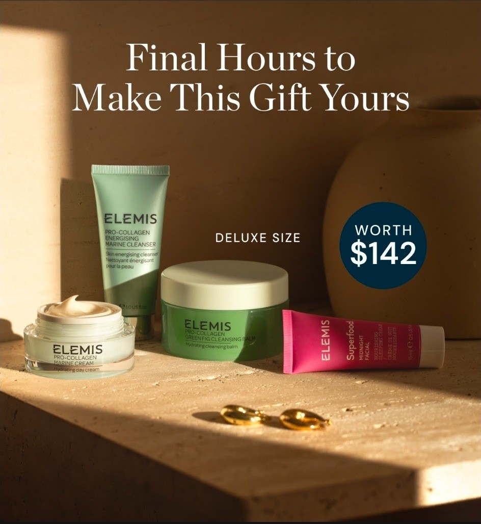 Final hours remaining to claim your complimentary 4-piece gift.Worth $142, yours with any full-size purchase. Simply add the gift to your bag and it’ll be yours free of charge when you check out.* #elemis #freegift 

#LTKOver40 #LTKmorningroutine #LTKselfcare
