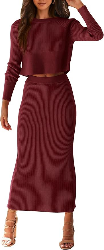 PRETTYGARDEN Women's Spring Fall 2 Piece Sweater Set Rib Knit Long Sleeve Crop Top Maxi Bodycon S... | Amazon (US)