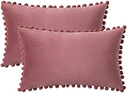 Woaboy Pack of 2 Velvet Throw Pillow Covers Pompom Decorative Pillowcases Solid Soft Cushion Covers  | Amazon (US)