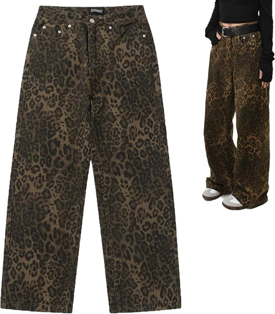 OOTDAY Tan Leopard Jeans,Women Mens Y2K Leopard Vintage Narrow Wide Leg Leopard Print Baggy Print... | Amazon (UK)