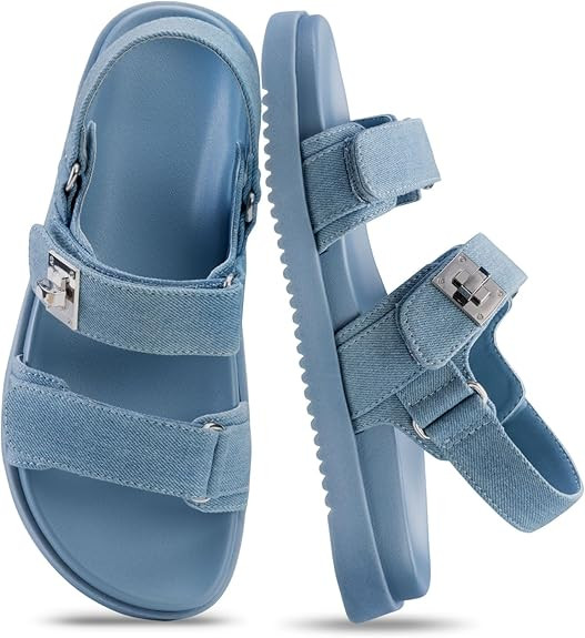 FITORY Women's Flat Sandals Classic Adjustable Double Strap with Cushioned Footbed for Summer Siz... | Amazon (US)