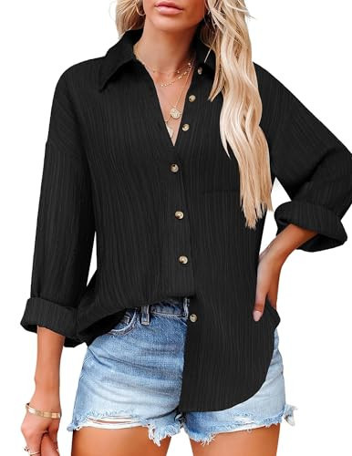 Zeagoo Womens Button Down Shirts Casual Long Sleeve Blouses V Neck Dress Shirt Textured Collared Work Tops with Pocket Black | Amazon (US)