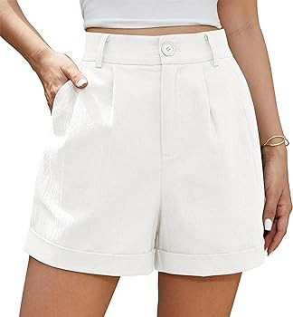 Jouica Womens Summer High Waist Linen Shorts Roll Up Pleated Zippered Wrap Hem Wide Leg Shorts wi... | Amazon (US)