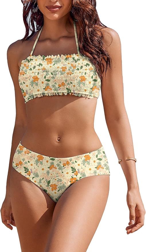 AI'MAGE Women's Two Piece Bandeau Bikini Set Mid Waisted Cute Floral Ruched Bathing Suits with Re... | Amazon (US)