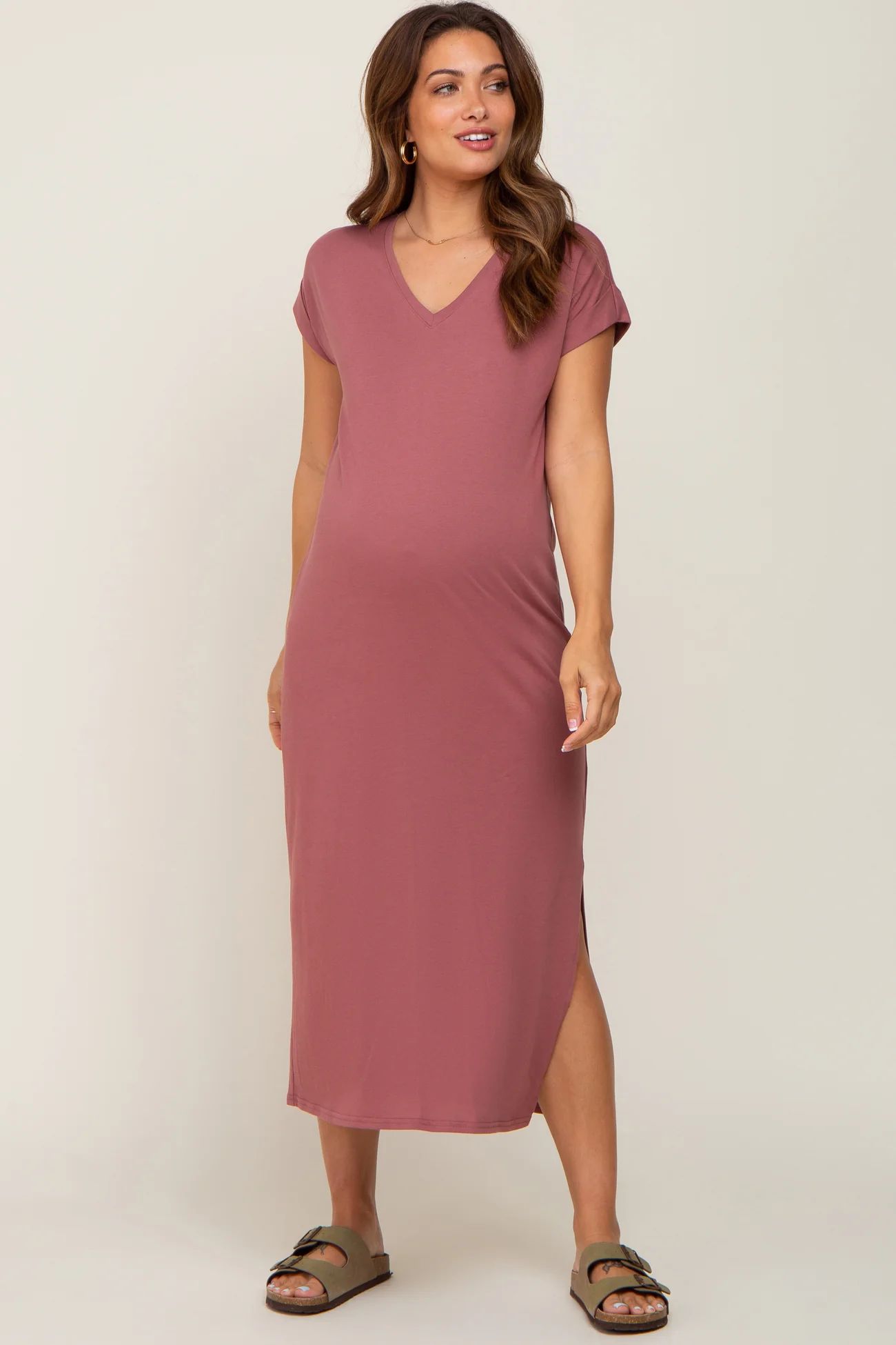 Mauve V-Neck Side Slit Maternity Midi Dress | PinkBlush Maternity