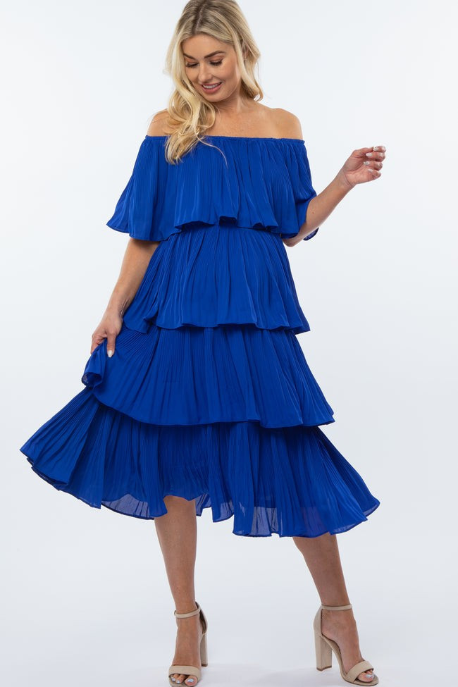 Royal Blue Pleated Tiered Off Shoulder Maternity Midi Dress | PinkBlush Maternity