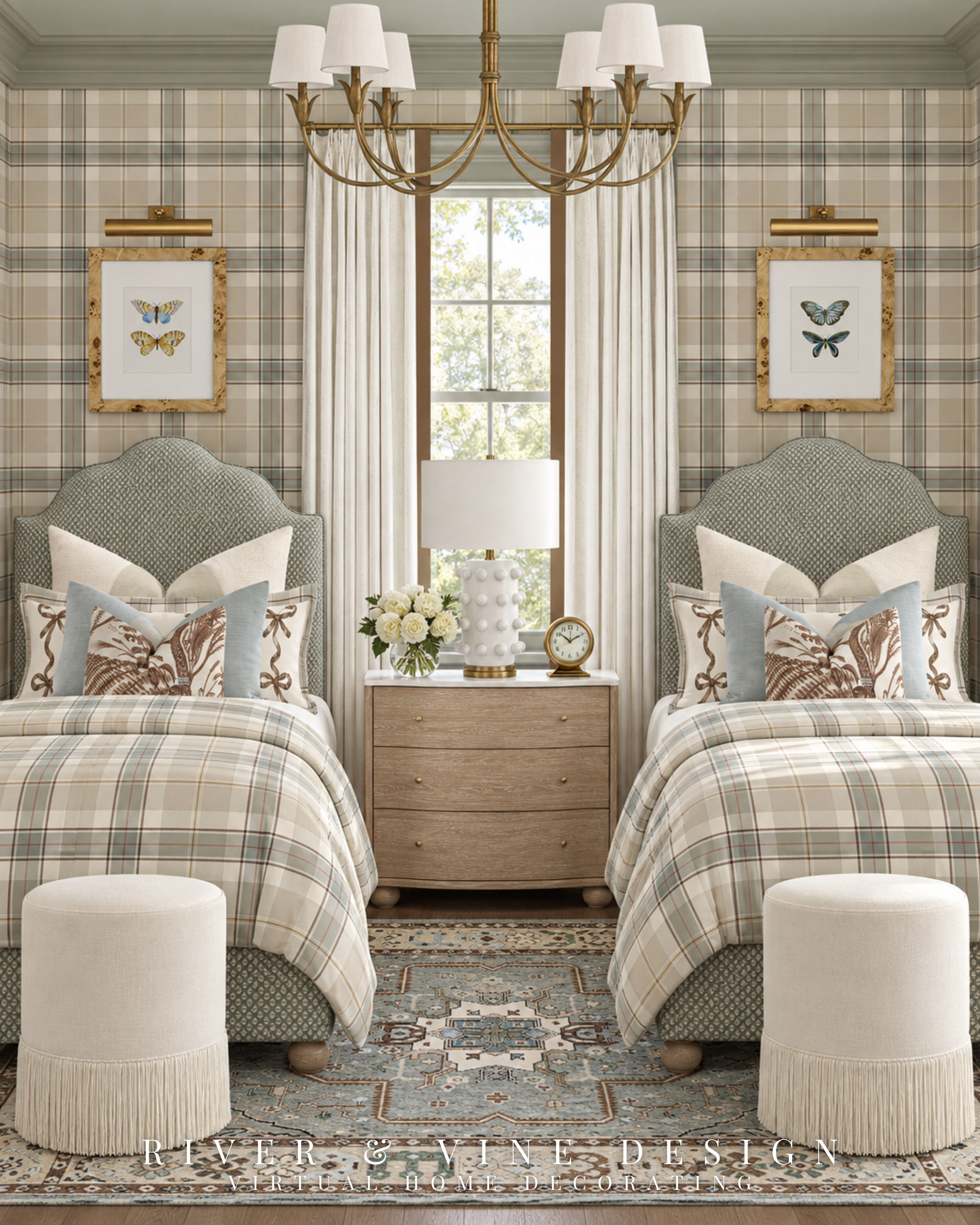 Two twin beds can make a bedroom feel thoughtfully designed—right down to the space between them.

For a traditional twin bedroom, consider a shared chest as your starting point. It gives the arrangement a substantial center, adds bedside storage, and creates room for a lamp both beds can share. Check the chest’s height against your mattresses before choosing one so the surface is easy to reach.

Here, curved upholstered beds soften the symmetry, while blue accent pillows and fringed stools give each side its own finished layers. It’s a useful starting point when you’re trying to coordinate two beds without choosing every piece from scratch.

Explore the bedroom pieces below, and follow River & Vine Design for more decorating guidance that helps you choose with confidence.

traditional twin bedroom ideas, bedroom with two twin beds, shared bedside chest, upholstered twin beds, blue and cream bedroom, plaid bedding, fringed bedroom stools

I may receive a commission from purchases made through my links.

#LTKHome
