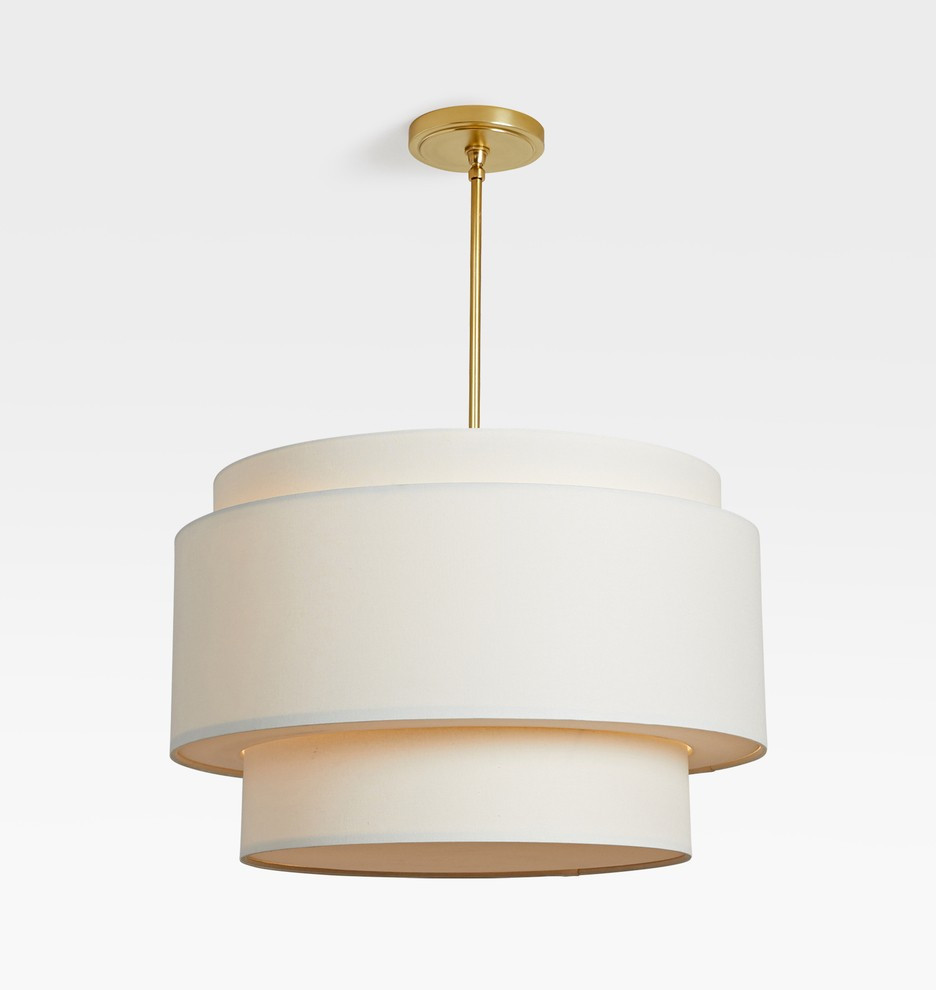 24" Tiered Drum Aged Brass Pendant with White Shade
 | Rejuvenation | Rejuvenation