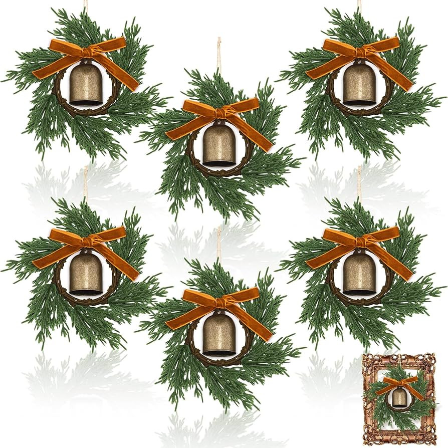 6 Pcs Mini Christmas Hanging Cedar Wreaths Small Xmas Cedar Wreath with Bell and Ribbon Bow for C... | Amazon (US)