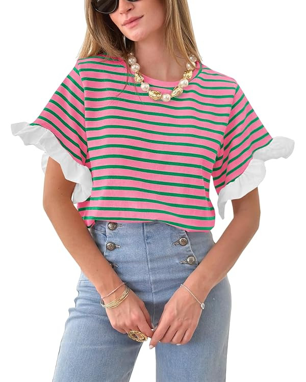 Tankaneo Women Striped Tops Ruffle Sleeve Casual Basic T Shirts Crewneck Short Sleeve Shirt Summe... | Amazon (US)