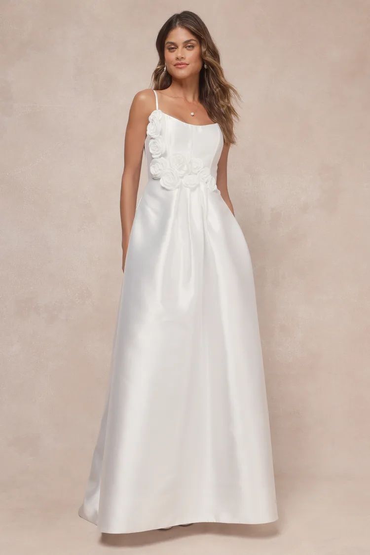 Dreamy Forever White Taffeta Rosette Maxi Dress with Pockets | Lulus