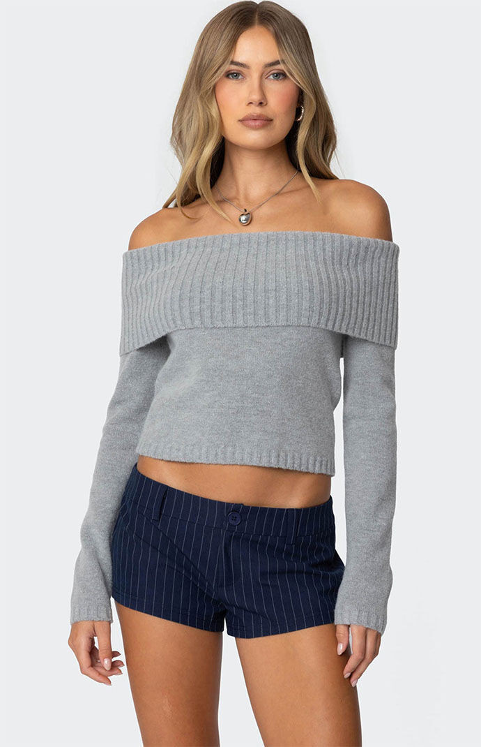 Edikted Women's Tamara Fold Over Knit Top in Heather Grey - Size Medium | PacSun