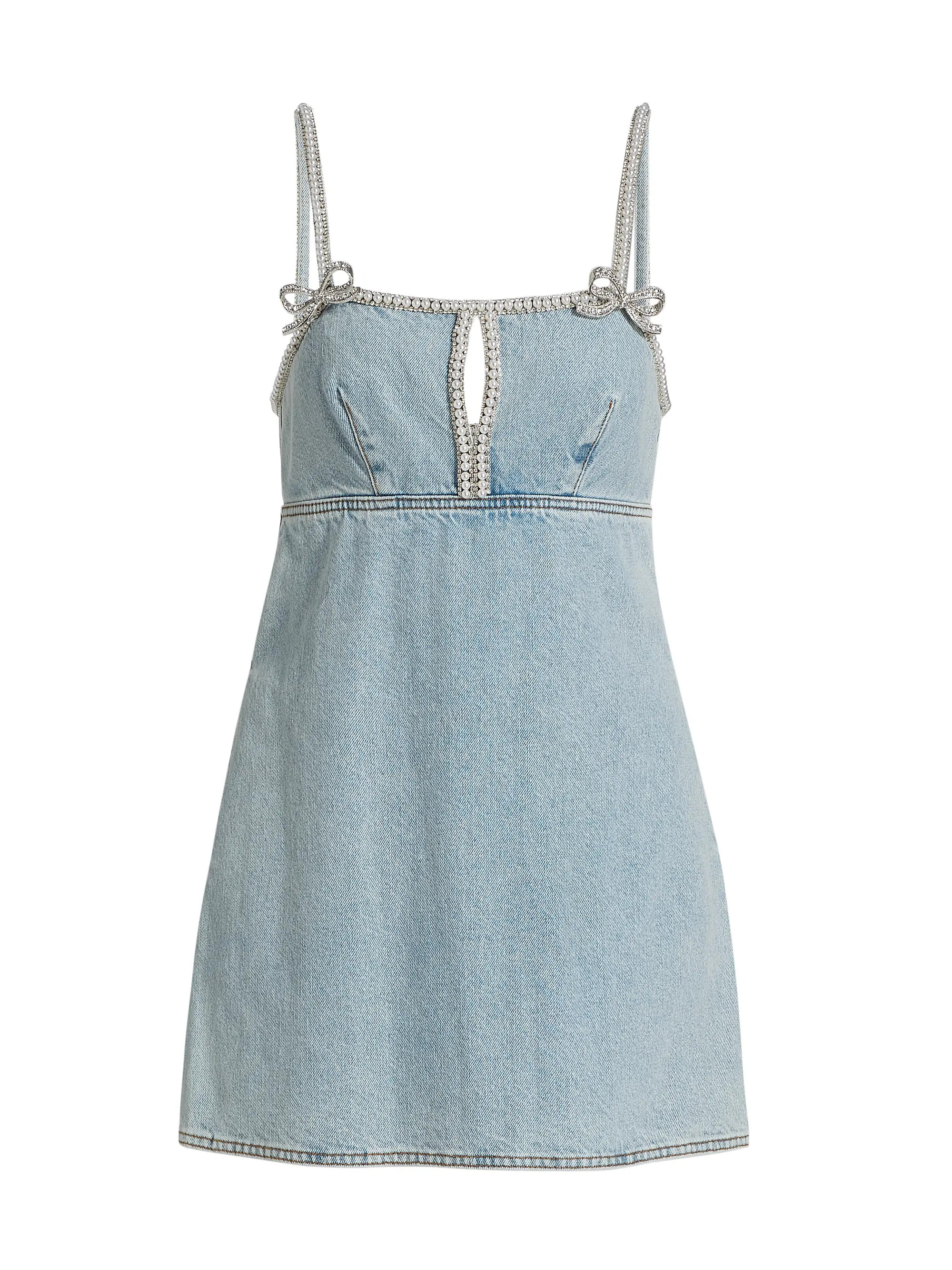 Self-Portrait Denim Pearl-Trim Minidress | Saks Fifth Avenue | Saks Fifth Avenue