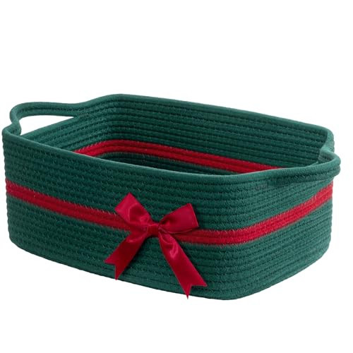 CHICVITA Small Storage Basket for Gifts, Cute Rope Gift Baskets for Christmas, Decorative Rectangle Woven Basket with Handles for Towels, Toys, 13"x 10"x 5", Green | Amazon (US)