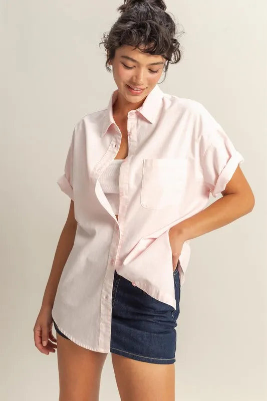HYFVE Short Sleeve Button Down Oversized Shirt SOFT PINK / S | Casual Chic Boutique