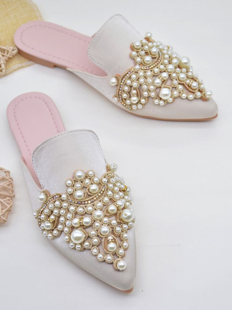 Faux Pearl Decor Point Toe Flat Mules | SHEIN