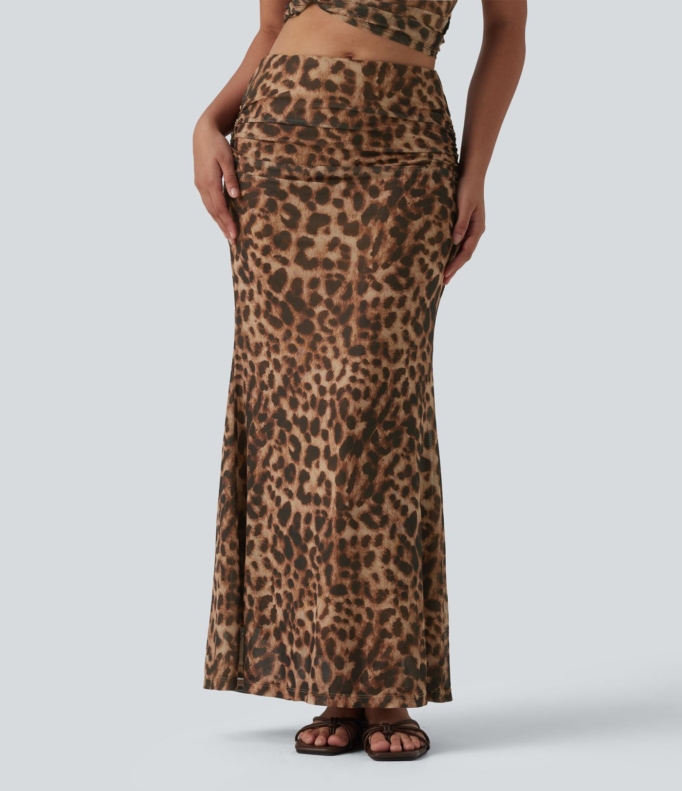 Women’s Mid Rise Ruched Mesh Leopard Print Maxi Party Mermaid Skirt - Halara | Halara UK
