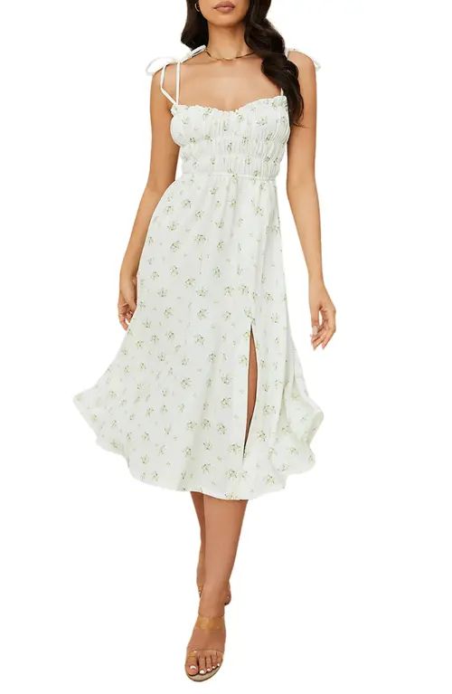 HOUSE OF CB Christabel Shirred Midi Dress in Ivory Floral at Nordstrom, Size Medium | Nordstrom