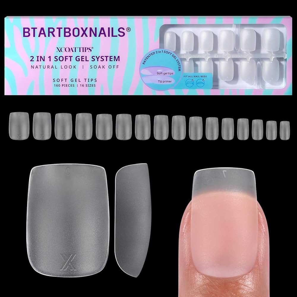 BTArtboxnails XCOATTIPS Clear Soft Gel Short Square Nail Tips - 16 Sizes, Double Sided Pre-etched... | Amazon (US)