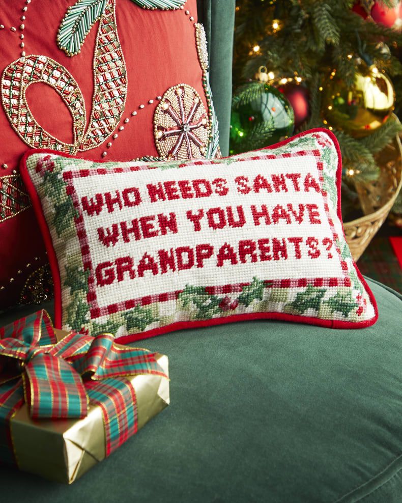 Neiman Marcus "Who Needs Santa..." Needlepoint Christmas Pillow, 8" x 12" | Neiman Marcus