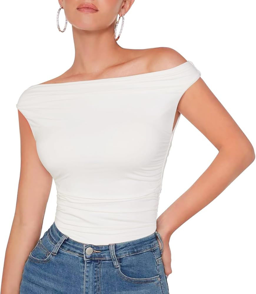 OMKAGI Women One Off Shoulder Y2K Tops Double Lined Slim Fit T Shirts Basic Tees | Amazon (US)