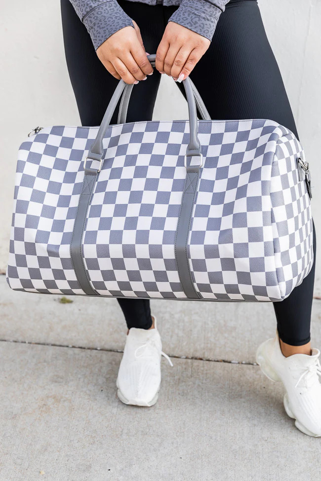 Boujee Weekend Away Grey And White Checkered Duffle Bag DOORBUSTER | Pink Lily