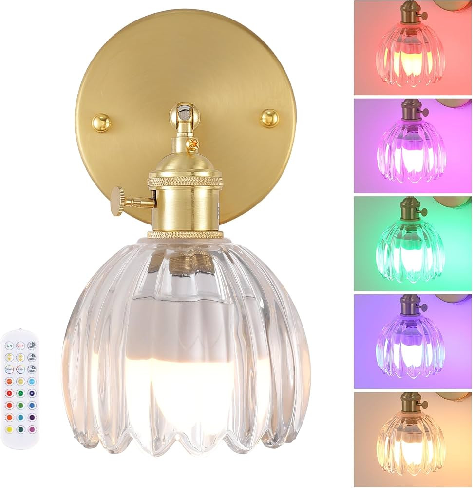 Vintage Battery Operated Wall Sconce with Transparent Tulip Glass Lampshade Wireless Rechargeable... | Amazon (US)