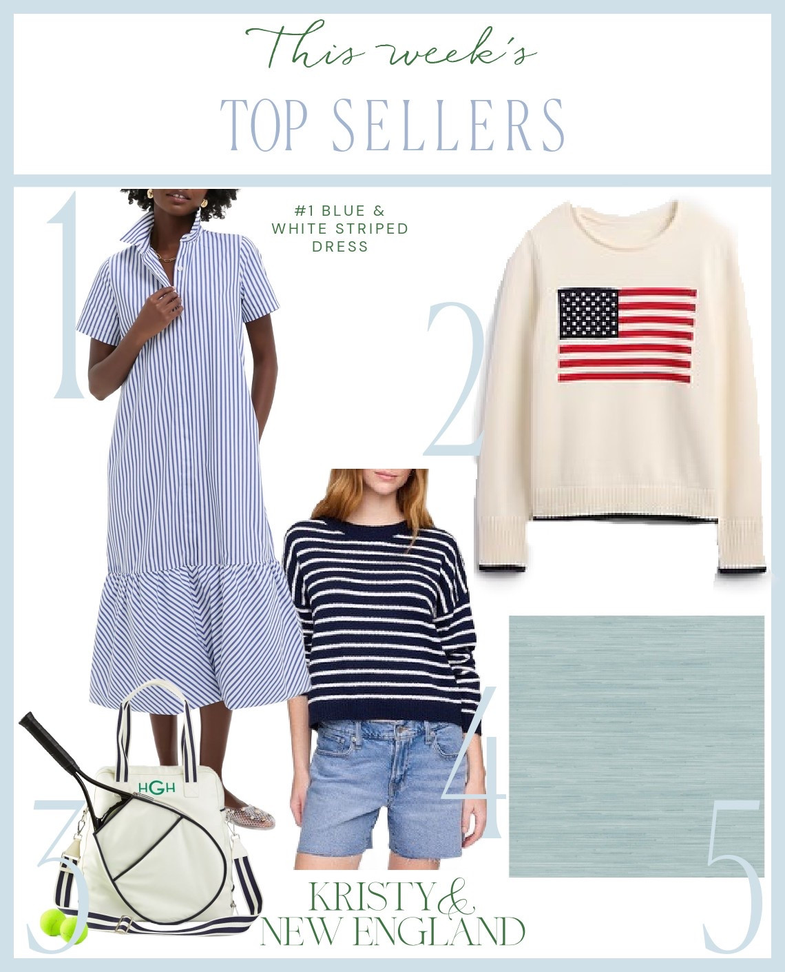 Top Sellers of the Week #1 Blue & White Striped Dress #2 Ivory Flag Sweater #3 Tennis Bag #4 Navy & White Slub Cotton Sweater #5 Blue Faux Grasscloth Peel & Stick Wallpaperr

#LTKHome #LTKSaleAlert #LTKOver40