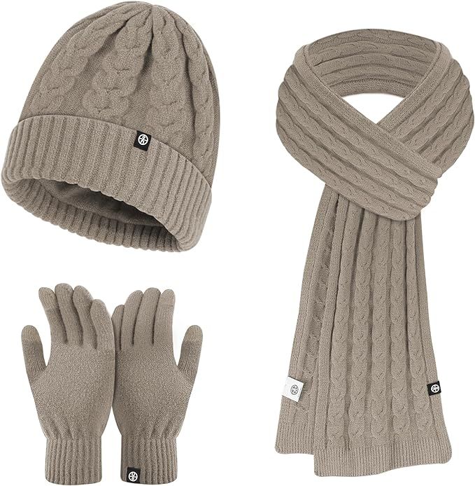 Women's Winter Beanie Hats Scarf Touchscreen Gloves for women men Warm Set Cable Knit Slouchy Cap... | Amazon (US)