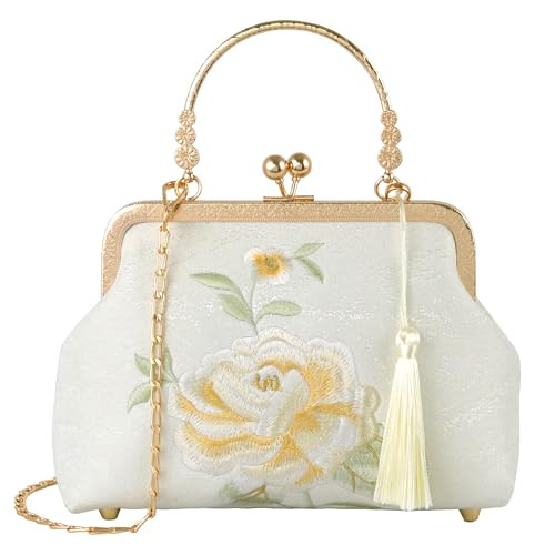 YeBon Retro Shoulder Chain Messenger Clutch Chinese Style Embroidered Elegant White Peony Flower ... | Amazon (US)