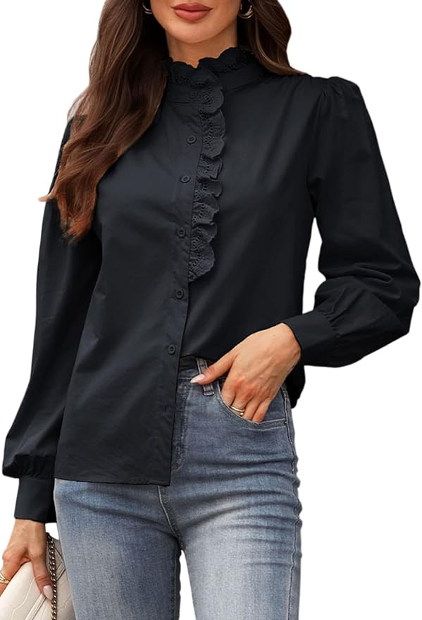 Women's Spring Shirts 2026 Long Sleeve Ruffle Collar Button Down Tops Dressy Casual Elegant Solid... | Amazon (US)