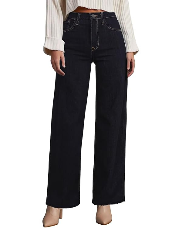 Allimy Women's Straight Leg Flare Jeans High Waisted Strechy Raw Hem Denim Pants | Amazon (US)