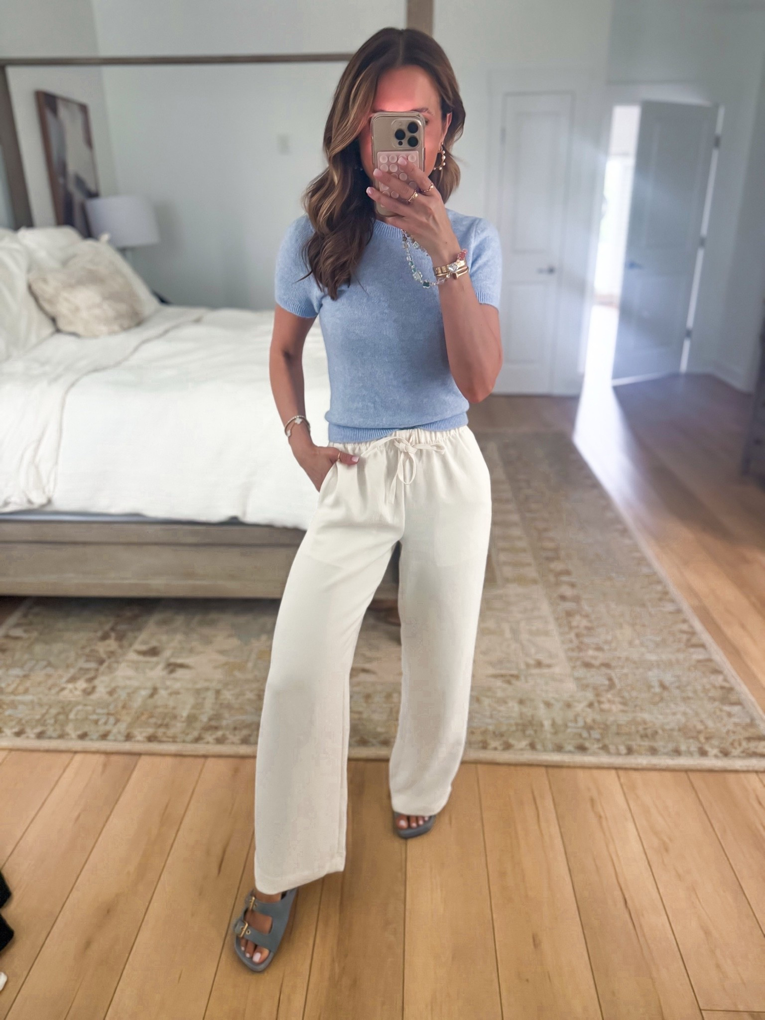 Spring outfit of the day. Mom outfit. Elevated casual. Summer outfit. Coastal outfit. Aritzia The Lodge crepette pant in color ‘light birch’, size XS regular. I ordered short to try but regular is full length on me. Merino wool blend top in XXS. Madewell buckle slides are TTS.

#LTKootd #LTKTravel #LTKxMadewell