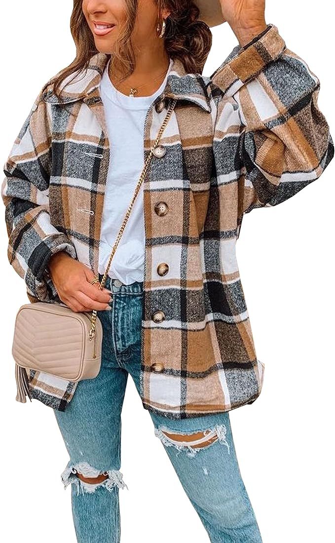 Lumister Women's Casual Plaid Oversized Button Down Shirt Lapel Flannel Shacket Jacket Coats | Amazon (US)
