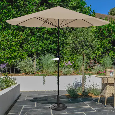 Pure Garden 9-ft Steel Tan No-tilt Market Patio Umbrella with Base | Lowe's