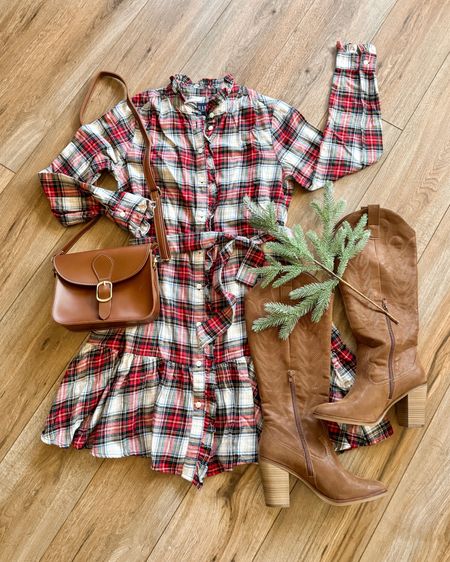 Christmas dress. Plaid dress. Holiday party dress. Flannel dress. Cowboy boots.

#LTKHoliday #LTKSeasonal #LTKGiftGuide