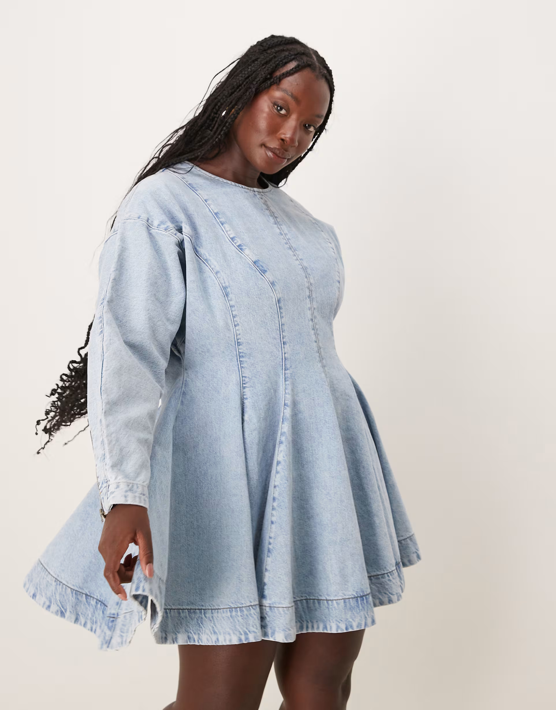 ASOS EDITION Curve denim long sleeve mini dress with seam details in bleach wash blue | ASOS (Global)