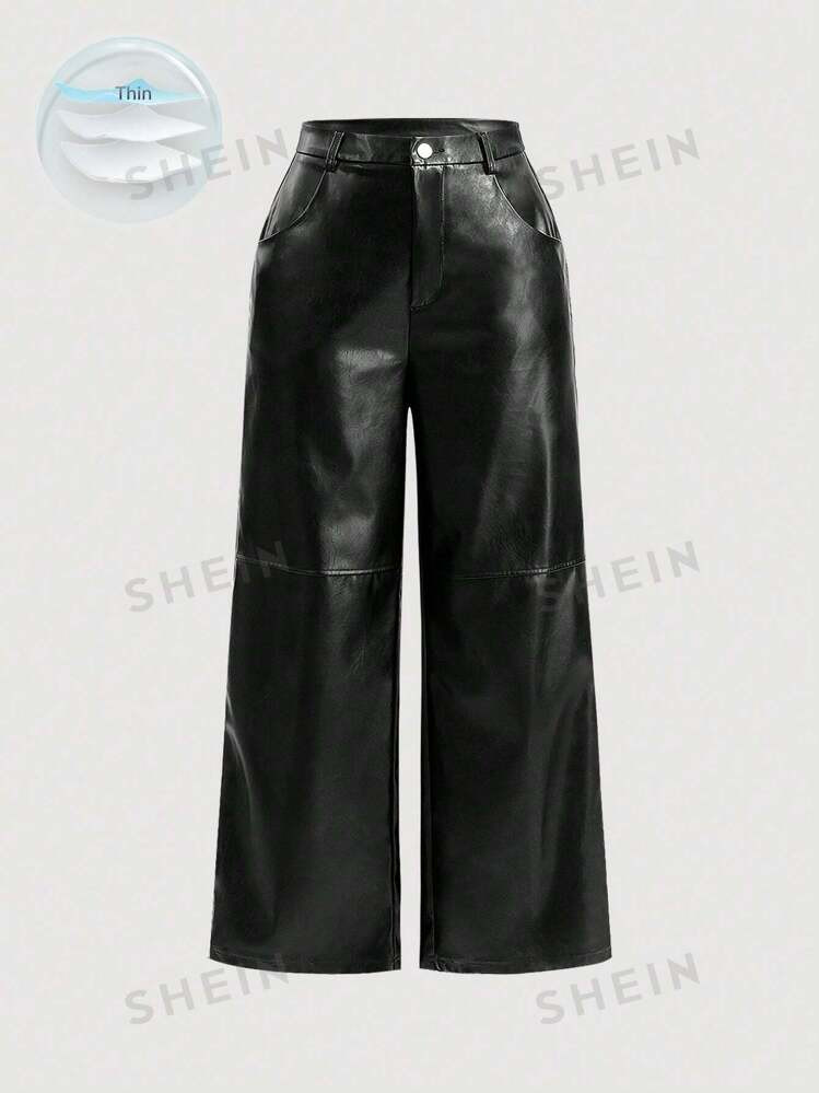 SHEIN MOD Plus Size Black Colorblock Design Side Pocket Leather Straight Pants | SHEIN