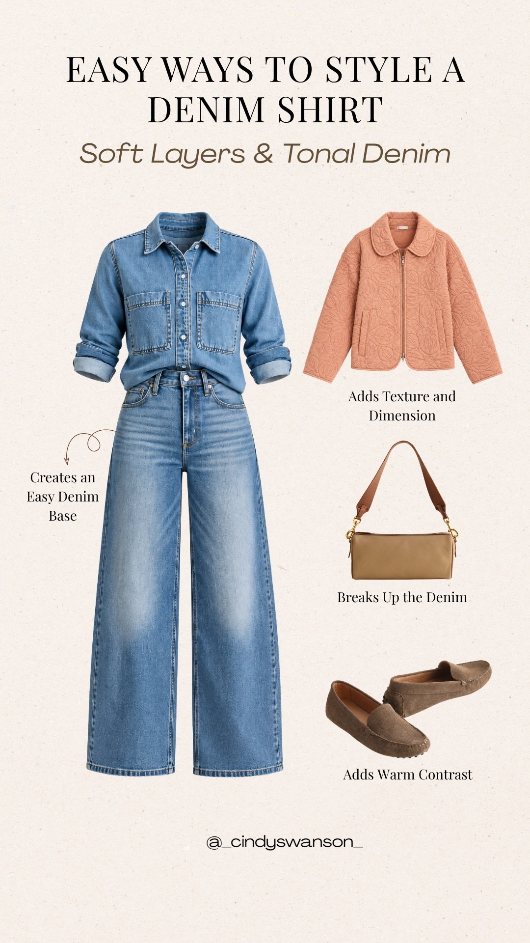 A tonal denim outfit is such an easy wardrobe formula, and I love how the denim shirt and wide-leg jeans create a relaxed, polished base. The jeans are low in stock, so I’m linking a few similar options as well. A quilted coral jacket adds beautiful texture and color, while the taupe bag and brown loafers bring in warm contrast.