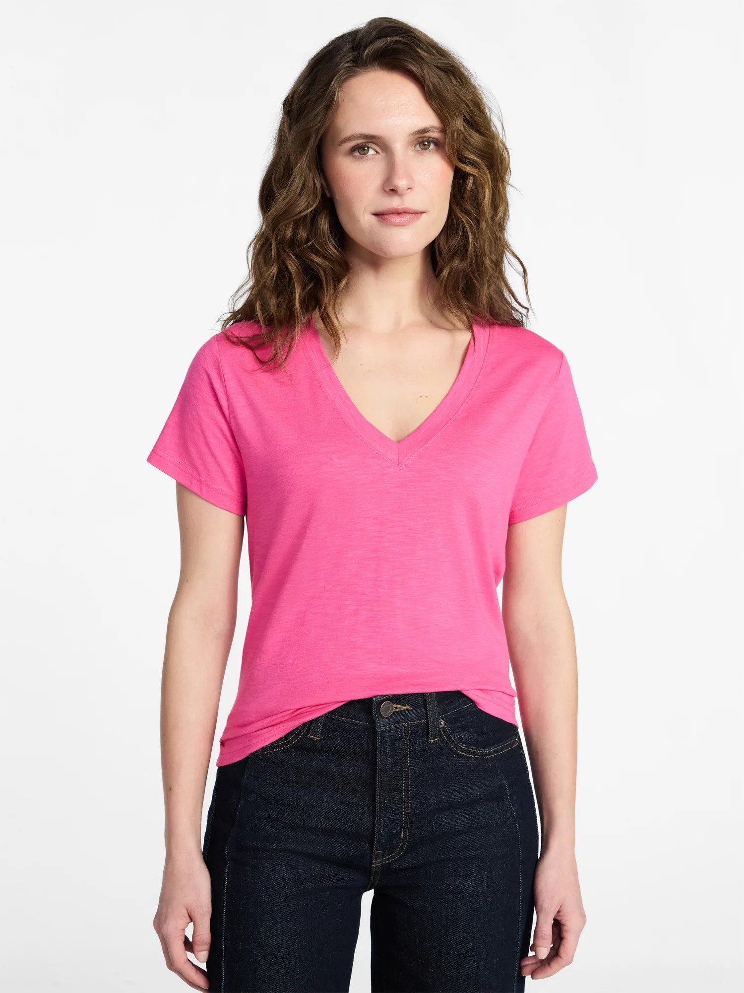 Time and Tru Women's Slub V Neck Tee with Short Sleeves, Sizes XS-XXXL - Walmart.com | Walmart (US)