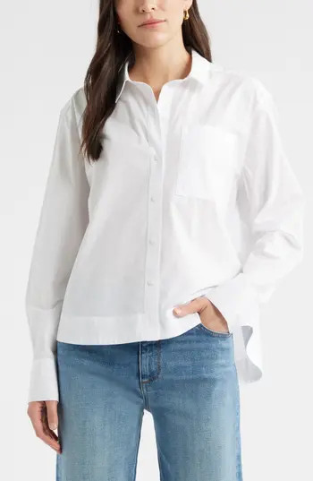 Caslon® Long Sleeve Drop Hem Button-Up Shirt in White at Nordstrom Rack, Size Medium | Nordstrom Rack