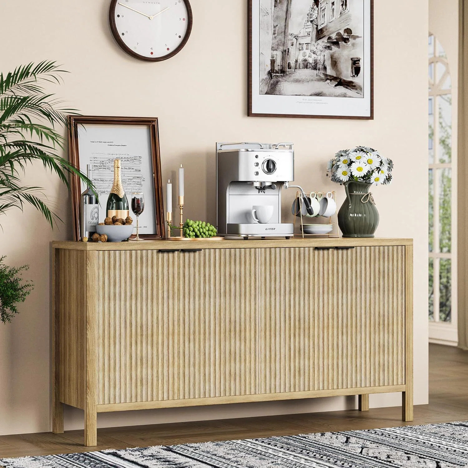 Modern Fluted Buffet Cabinet with Storage, 4-Door Oak Sideboard Credenza with Adjustable Shelves,... | Wayfair North America