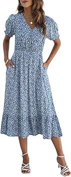 Manydress Womens Casual Floral Print Dresses Summer V Neck Boho Midi Wrap Dress with Pockets MY10... | Amazon (US)