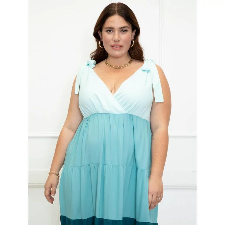 ELOQUII Elements Women's Plus Size Coloblocked Tiered Maxi Dress | Walmart (US)