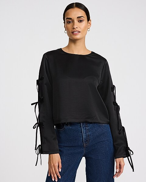 Satin Crew Neck Bow Long Sleeve Top | Express