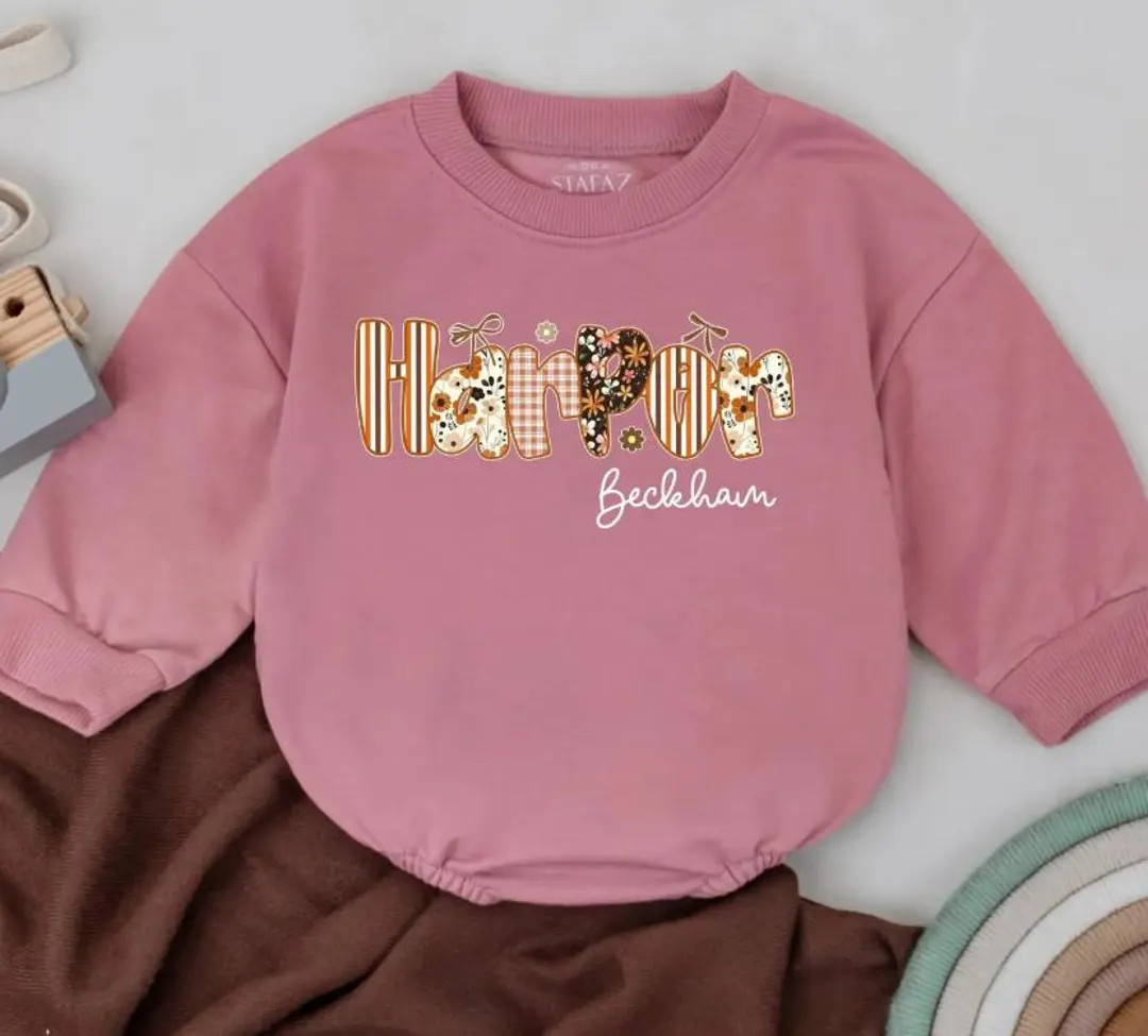 Retro Fall Custom Girl Name Bubble Romper Sweatshirt, Personalized Pumpkin Floral Baby Outfit, Fi... | Etsy (US)
