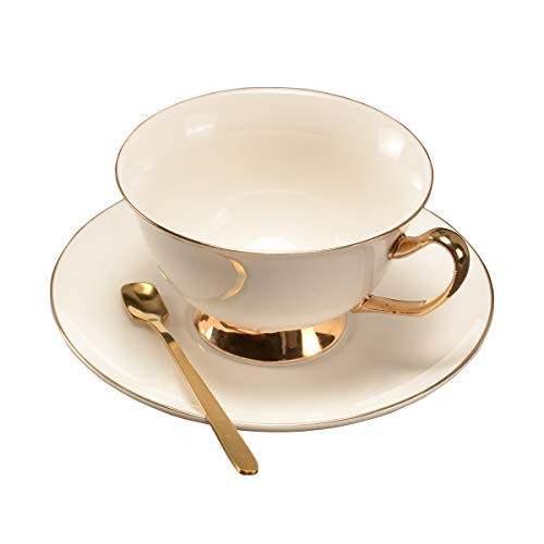 Pfedxoon British Coffee Cup with Saucer and Spoon for Latte Americano Cups with Saucer Porcelain Tea Cups, Cups and Saucers with Gold platted rims and Handles | Amazon (US)