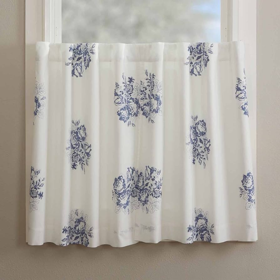 Lydia Blue Tier Curtains, Set of 2, 24" L x 36" W, Vintage Farmhouse, Cottage Style Floral Café ... | Amazon (US)