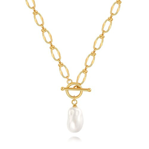 SOFYBJA Dainty 18K Gold Chunky Baroque Pearl Pendant Necklace for Women Toggle Clasp Necklace Handmade Layering Jewelry | Amazon (US)